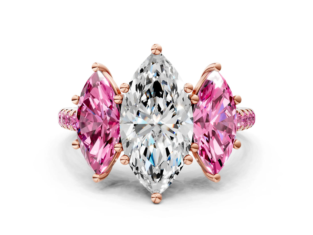 Rose gold Three-Stone Marquise Cut Diamond Ring with Round with Pink Sapphire side stone Pavé Band and Prong Setting