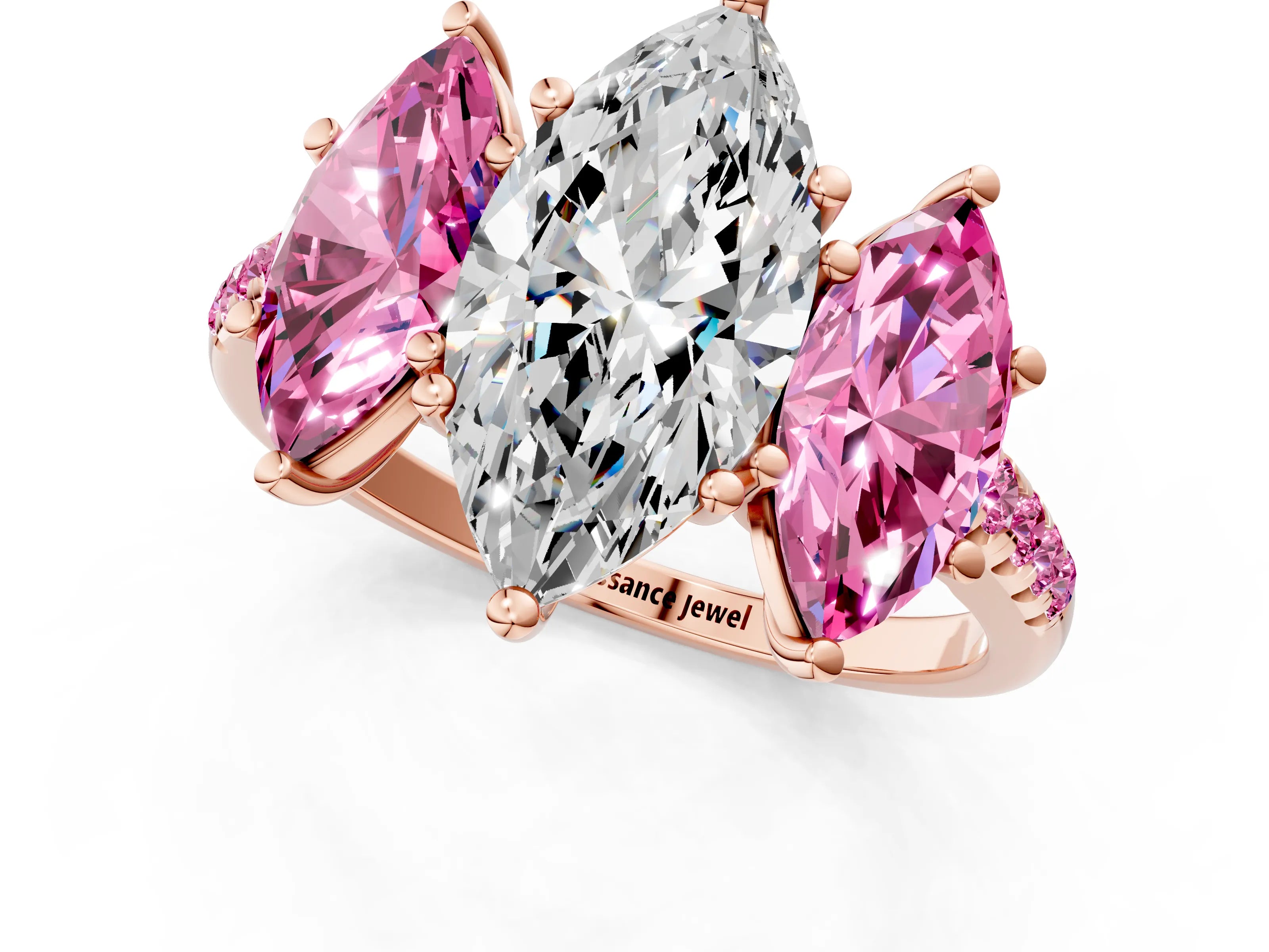 Rose gold Three-Stone Marquise Cut Diamond Ring with Round with Pink Sapphire side stone Pavé Band and Prong Setting_1