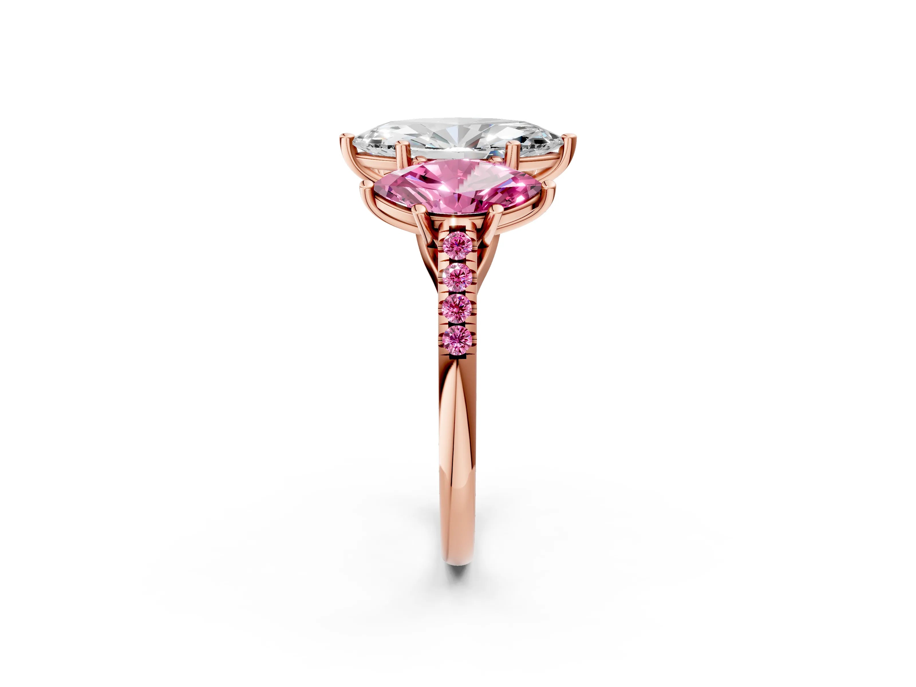 Rose gold Three-Stone Marquise Cut Diamond Ring with Round with Pink Sapphire side stone Pavé Band and Prong Setting_2