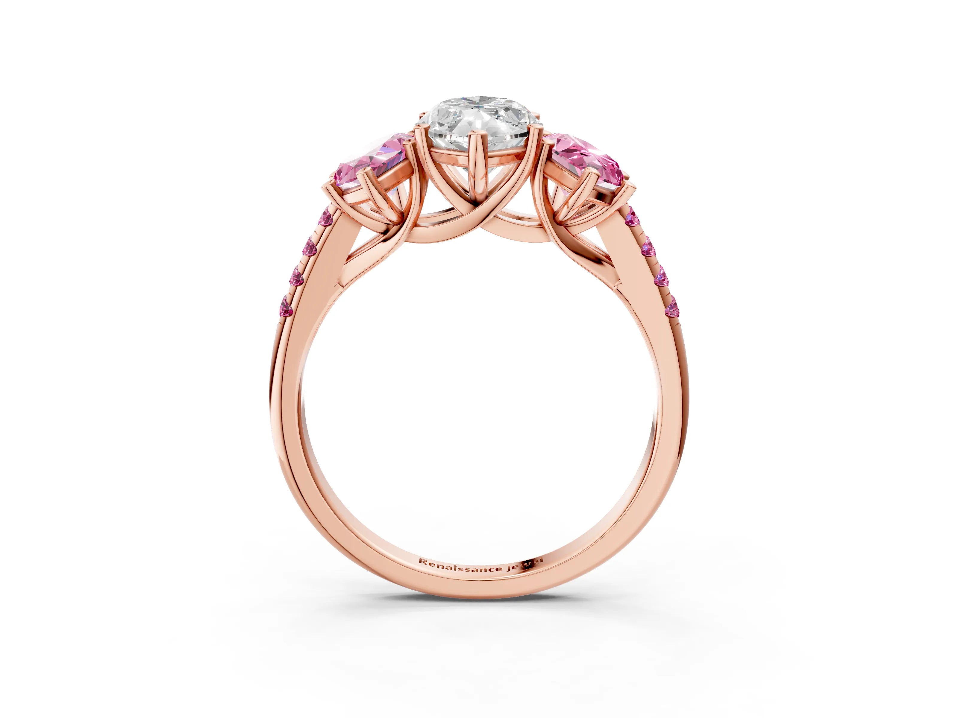 Rose gold Three-Stone Marquise Cut Diamond Ring with Round with Pink Sapphire side stone Pavé Band and Prong Setting_3