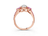 Rose gold Three-Stone Marquise Cut Diamond Ring with Round with Pink Sapphire side stone Pavé Band and Prong Setting_3