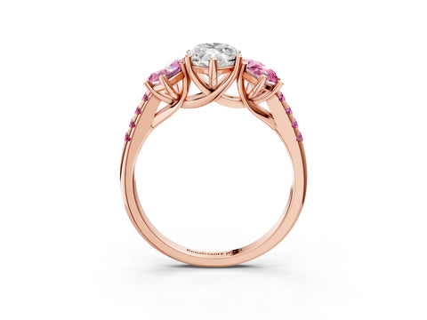 Rose gold Three-Stone Marquise Cut Diamond Ring with Round with Pink Sapphire side stone Pavé Band and Prong Setting_3