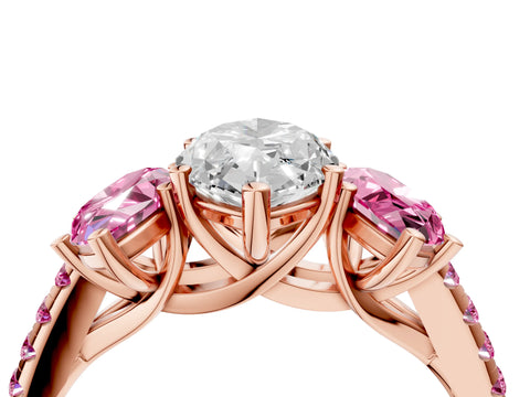 Rose gold Three-Stone Marquise Cut Diamond Ring with Round with Pink Sapphire side stone Pavé Band and Prong Setting_4