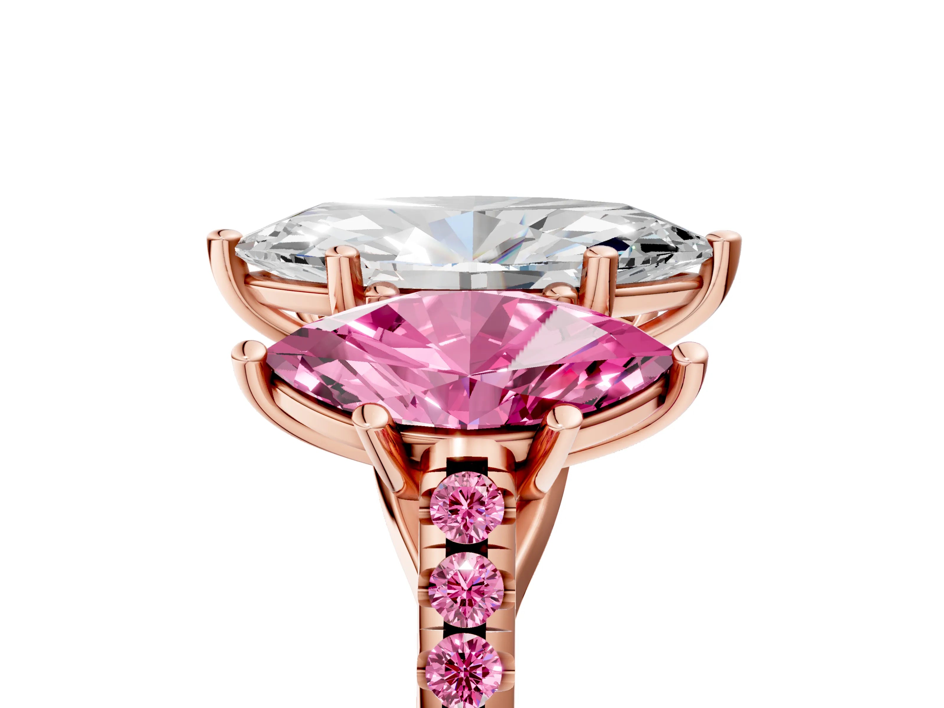 Rose gold Three-Stone Marquise Cut Diamond Ring with Round with Pink Sapphire side stone Pavé Band and Prong Setting_5