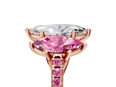 Rose gold Three-Stone Marquise Cut Diamond Ring with Round with Pink Sapphire side stone Pavé Band and Prong Setting_5