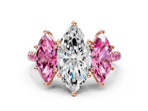 Rose gold Three-Stone Marquise Cut Diamond Ring with Round with Pink Sapphire side stone Pavé Band and Prong Setting