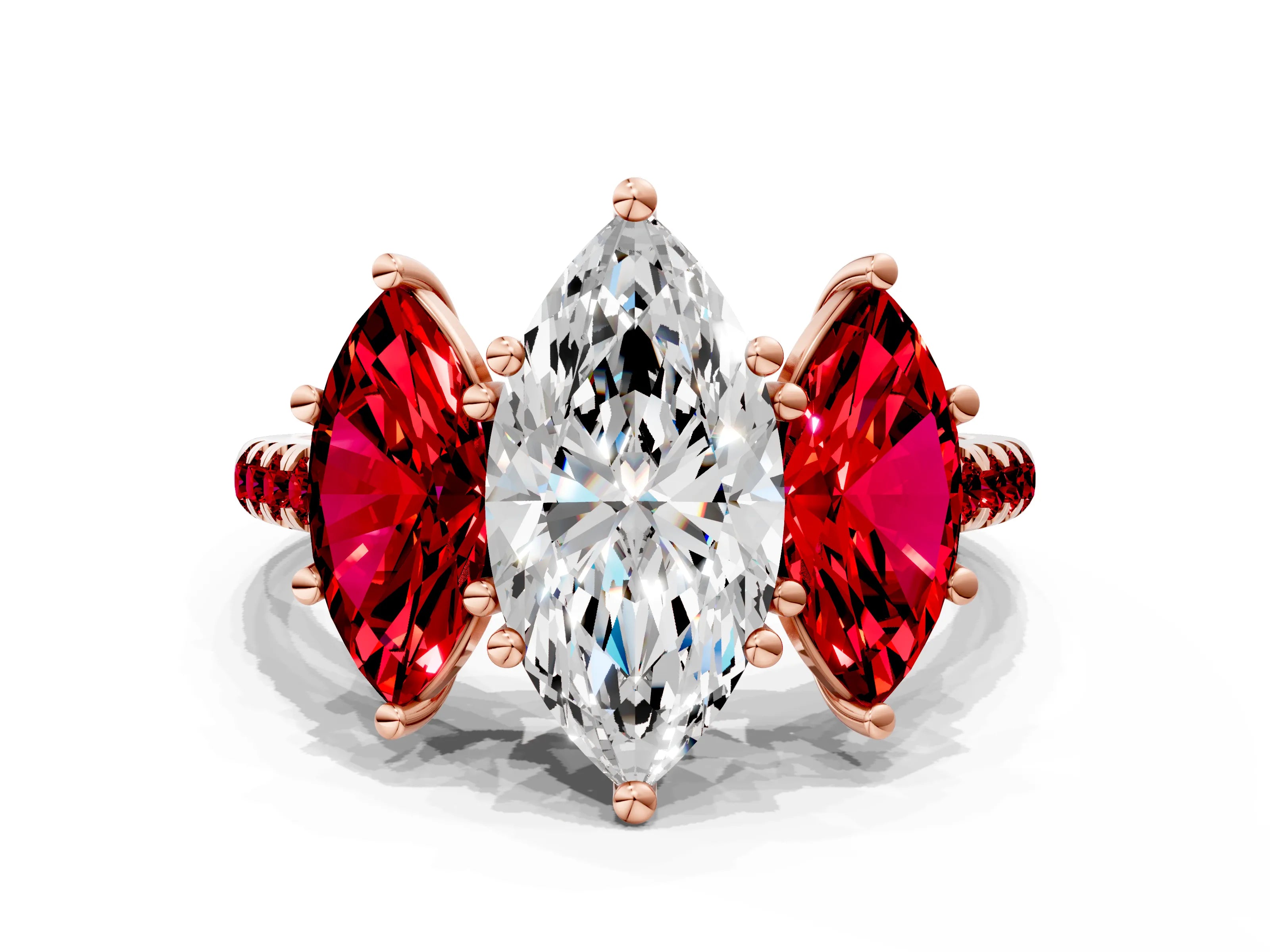 Rose gold Three-Stone Marquise Cut Diamond Ring with Round with Ruby side stone Pavé Band and Prong Setting