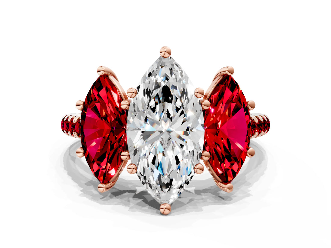 Rose gold Three-Stone Marquise Cut Diamond Ring with Round with Ruby side stone Pavé Band and Prong Setting