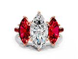 Rose gold Three-Stone Marquise Cut Diamond Ring with Round with Ruby side stone Pavé Band and Prong Setting