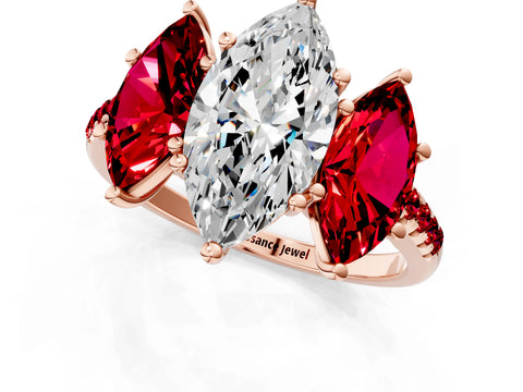 Rose gold Three-Stone Marquise Cut Diamond Ring with Round with Ruby side stone Pavé Band and Prong Setting_1