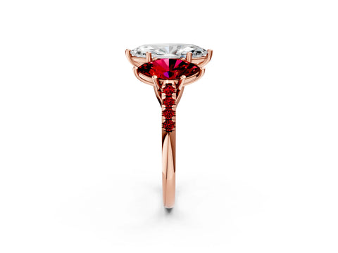 Rose gold Three-Stone Marquise Cut Diamond Ring with Round with Ruby side stone Pavé Band and Prong Setting_2