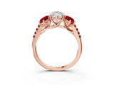 Rose gold Three-Stone Marquise Cut Diamond Ring with Round with Ruby side stone Pavé Band and Prong Setting_3