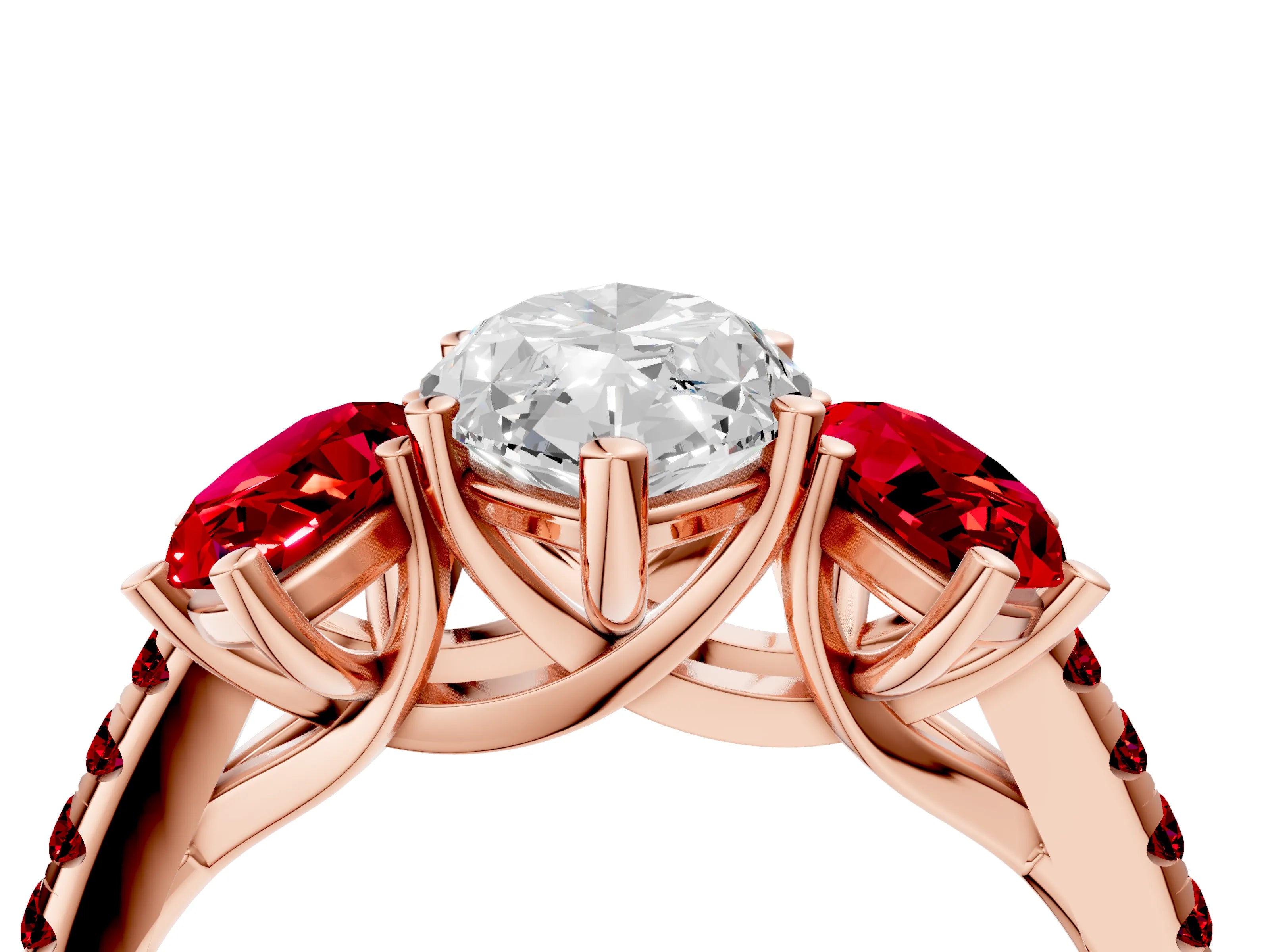 Rose gold Three-Stone Marquise Cut Diamond Ring with Round with Ruby side stone Pavé Band and Prong Setting_4