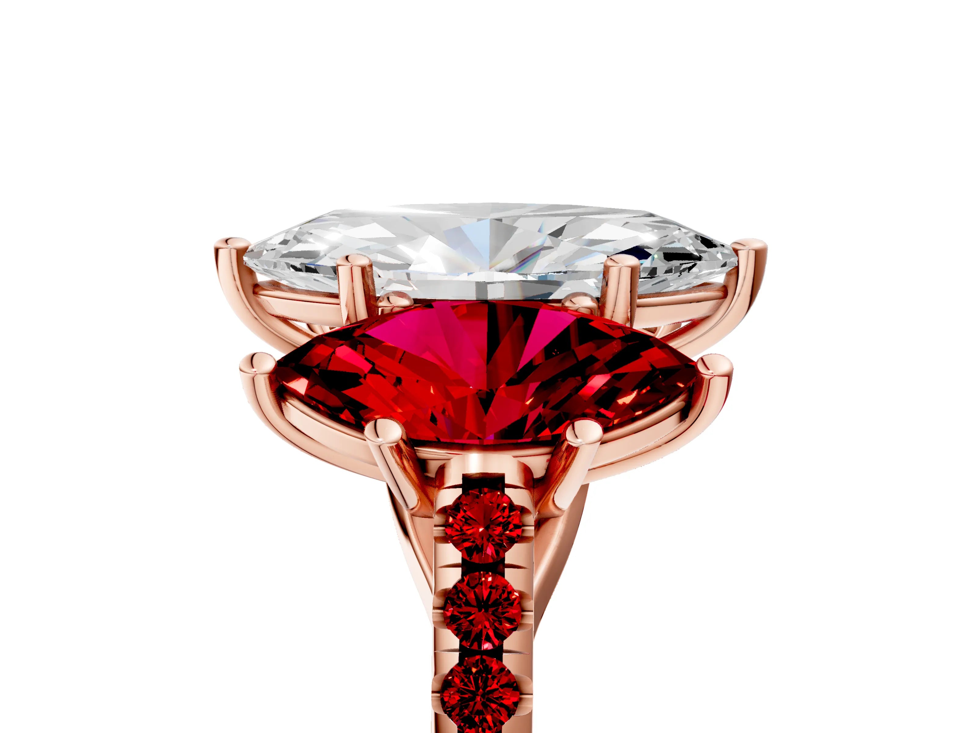 Rose gold Three-Stone Marquise Cut Diamond Ring with Round with Ruby side stone Pavé Band and Prong Setting_5