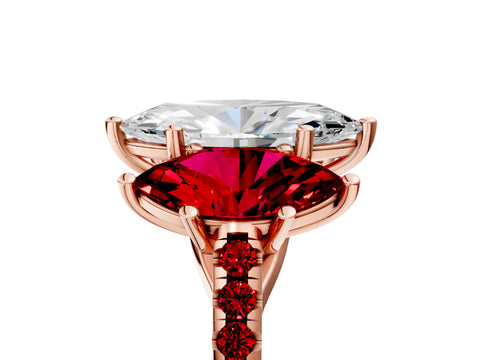 Rose gold Three-Stone Marquise Cut Diamond Ring with Round with Ruby side stone Pavé Band and Prong Setting_5