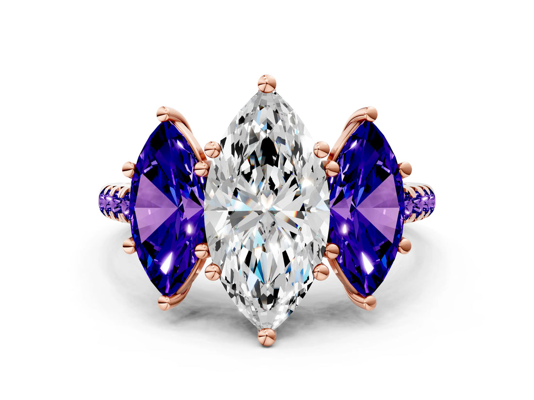 Rose gold Three-Stone Marquise Cut Diamond Ring with Round with Tanzanite side stone Pavé Band and Prong Setting