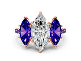 Rose gold Three-Stone Marquise Cut Diamond Ring with Round with Tanzanite side stone Pavé Band and Prong Setting