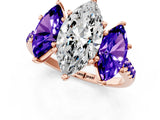 Rose gold Three-Stone Marquise Cut Diamond Ring with Round with Tanzanite side stone Pavé Band and Prong Setting_1