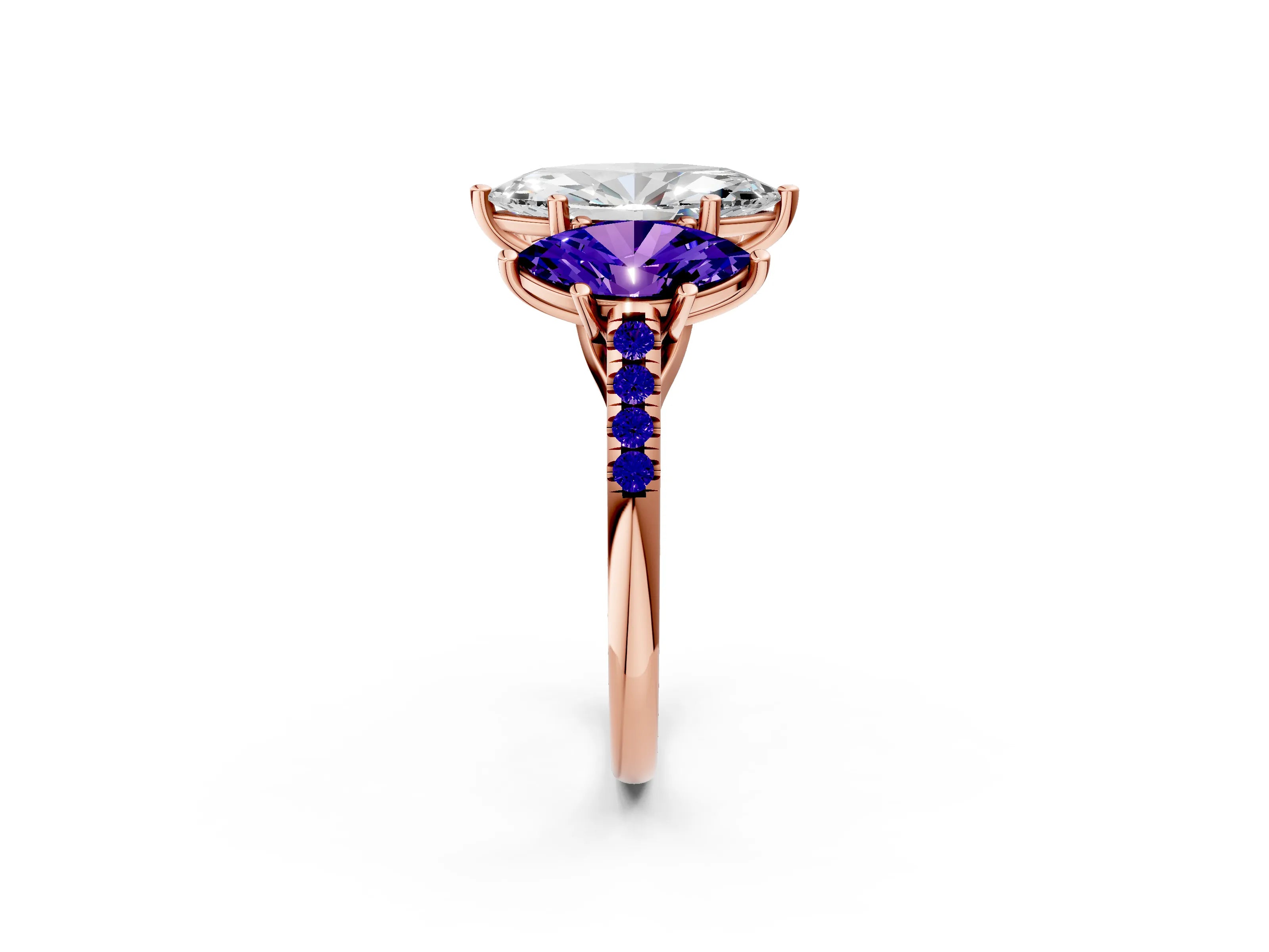 Rose gold Three-Stone Marquise Cut Diamond Ring with Round with Tanzanite side stone Pavé Band and Prong Setting_2