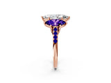Rose gold Three-Stone Marquise Cut Diamond Ring with Round with Tanzanite side stone Pavé Band and Prong Setting_2