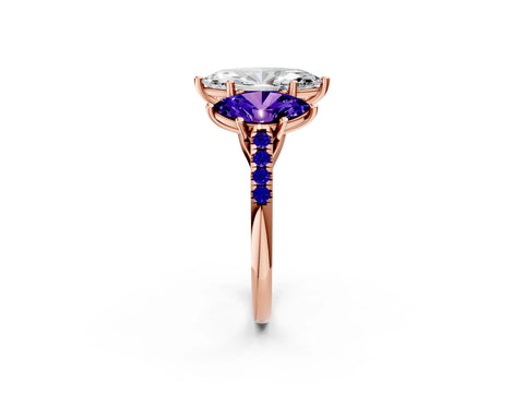 Rose gold Three-Stone Marquise Cut Diamond Ring with Round with Tanzanite side stone Pavé Band and Prong Setting_2