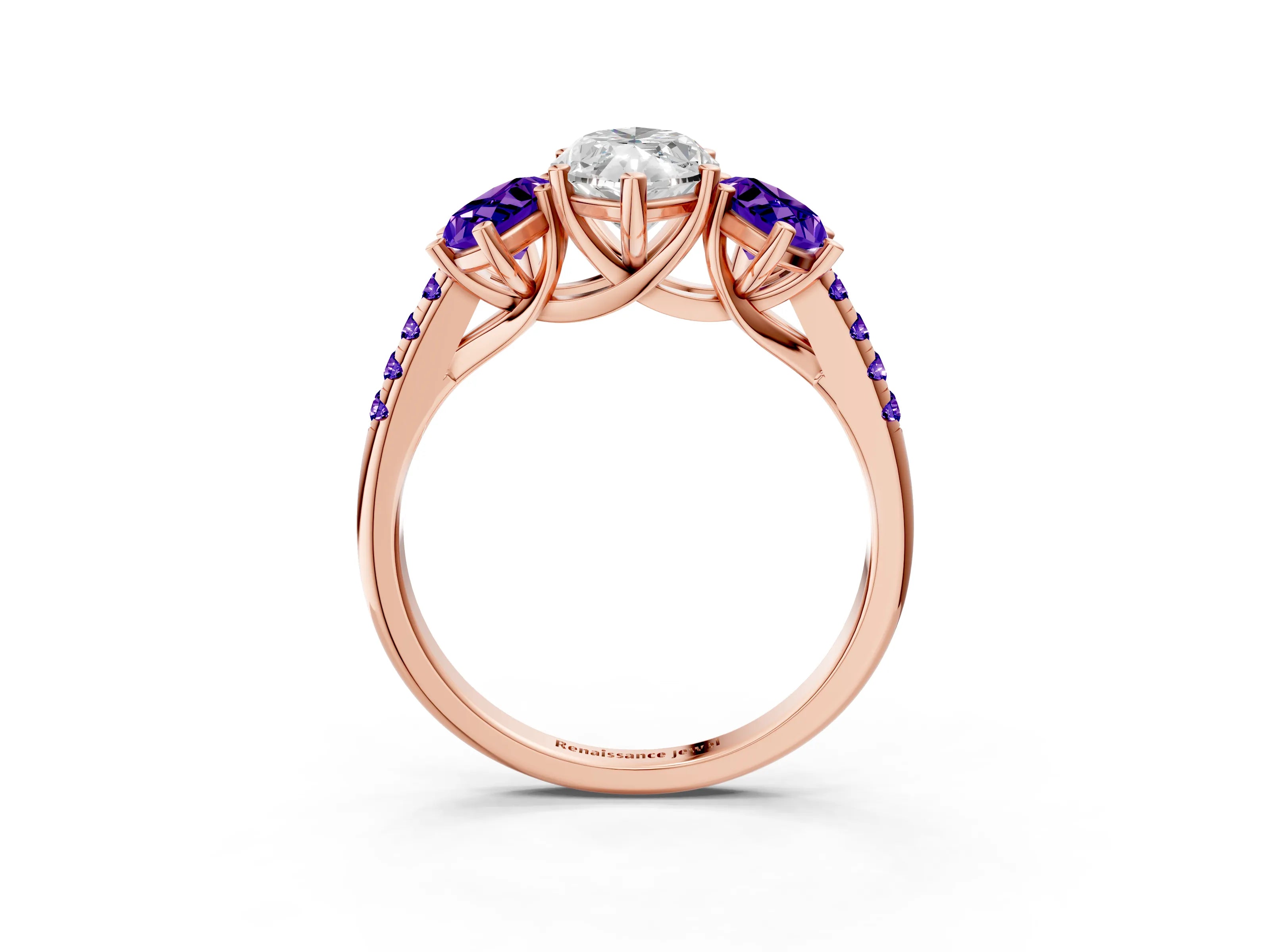 Rose gold Three-Stone Marquise Cut Diamond Ring with Round with Tanzanite side stone Pavé Band and Prong Setting_3