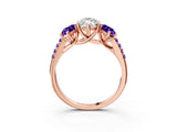 Rose gold Three-Stone Marquise Cut Diamond Ring with Round with Tanzanite side stone Pavé Band and Prong Setting_3