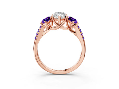 Rose gold Three-Stone Marquise Cut Diamond Ring with Round with Tanzanite side stone Pavé Band and Prong Setting_3