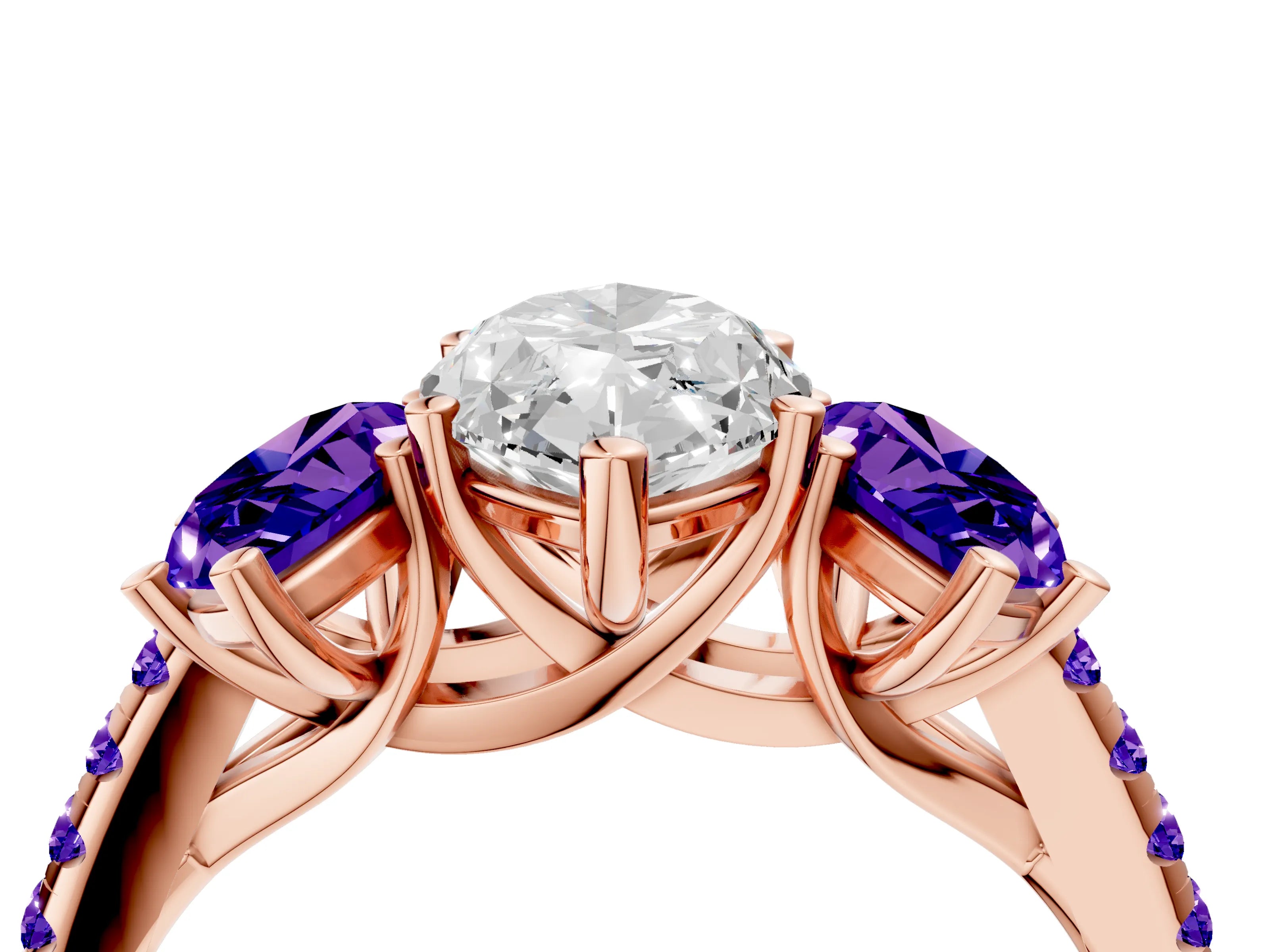 Rose gold Three-Stone Marquise Cut Diamond Ring with Round with Tanzanite side stone Pavé Band and Prong Setting_4