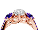 Rose gold Three-Stone Marquise Cut Diamond Ring with Round with Tanzanite side stone Pavé Band and Prong Setting_4