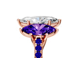 Rose gold Three-Stone Marquise Cut Diamond Ring with Round with Tanzanite side stone Pavé Band and Prong Setting_5