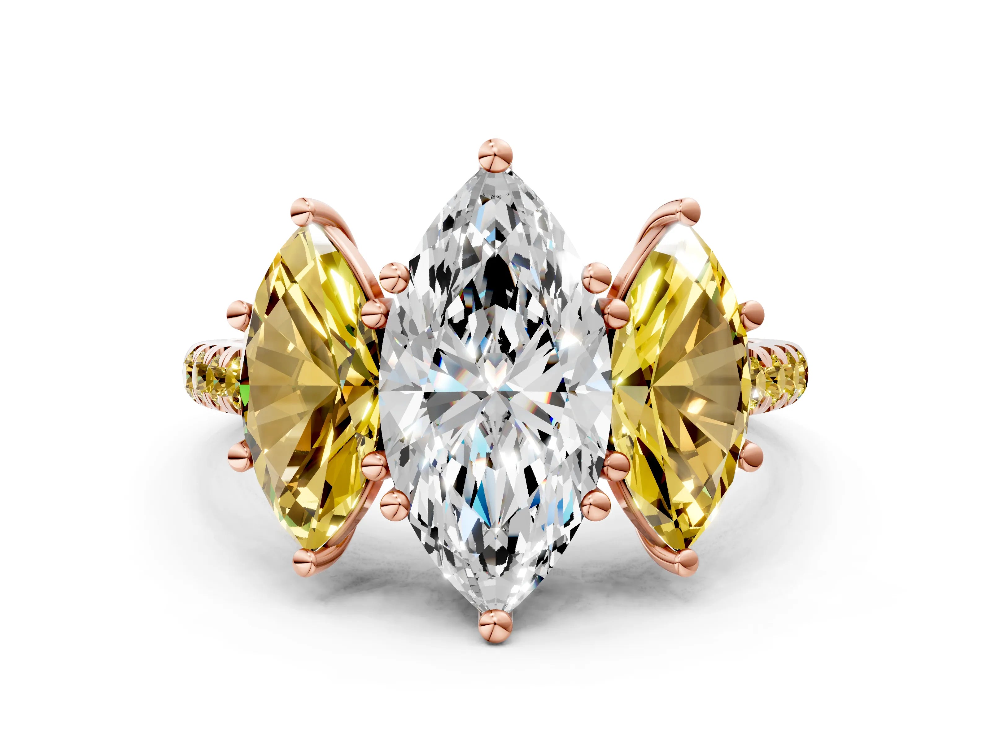 Rose gold Three-Stone Marquise Cut Diamond Ring with Round with Yellow Sapphire side stone Pavé Band and Prong Setting