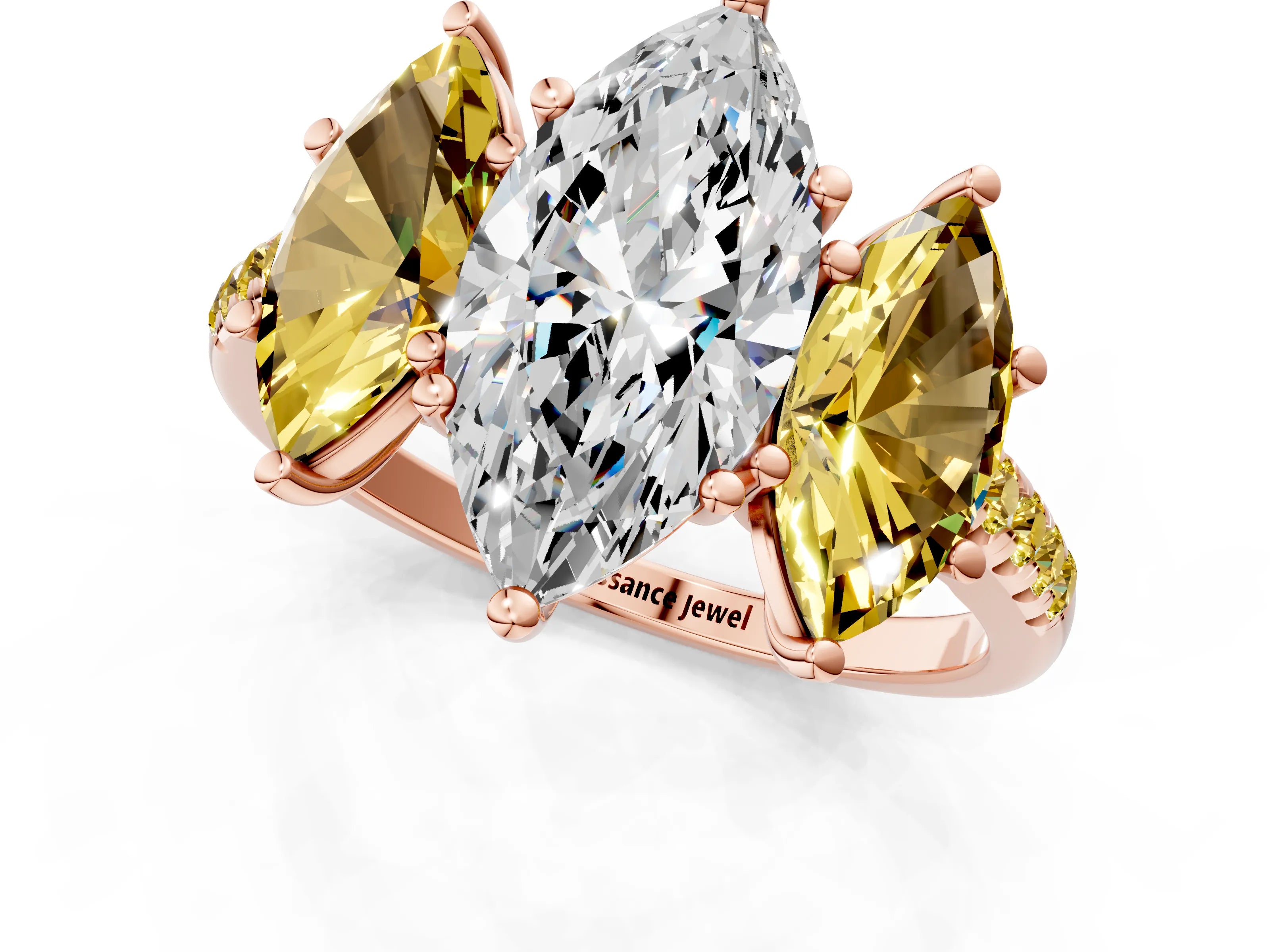 Rose gold Three-Stone Marquise Cut Diamond Ring with Round with Yellow Sapphire side stone Pavé Band and Prong Setting_1