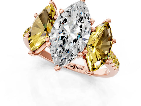 Rose gold Three-Stone Marquise Cut Diamond Ring with Round with Yellow Sapphire side stone Pavé Band and Prong Setting_1