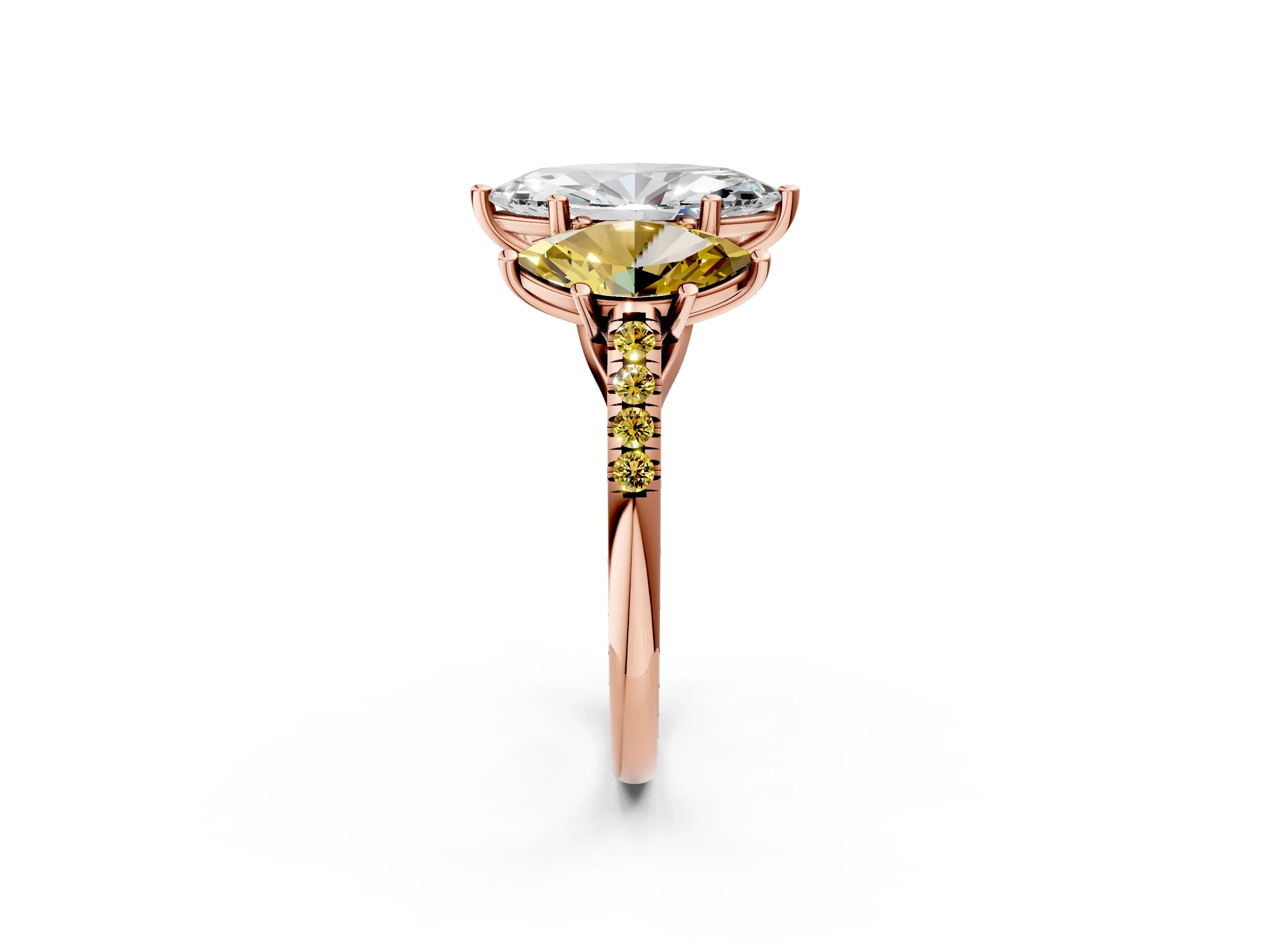 Rose gold Three-Stone Marquise Cut Diamond Ring with Round with Yellow Sapphire side stone Pavé Band and Prong Setting_2