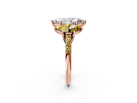Rose gold Three-Stone Marquise Cut Diamond Ring with Round with Yellow Sapphire side stone Pavé Band and Prong Setting_2
