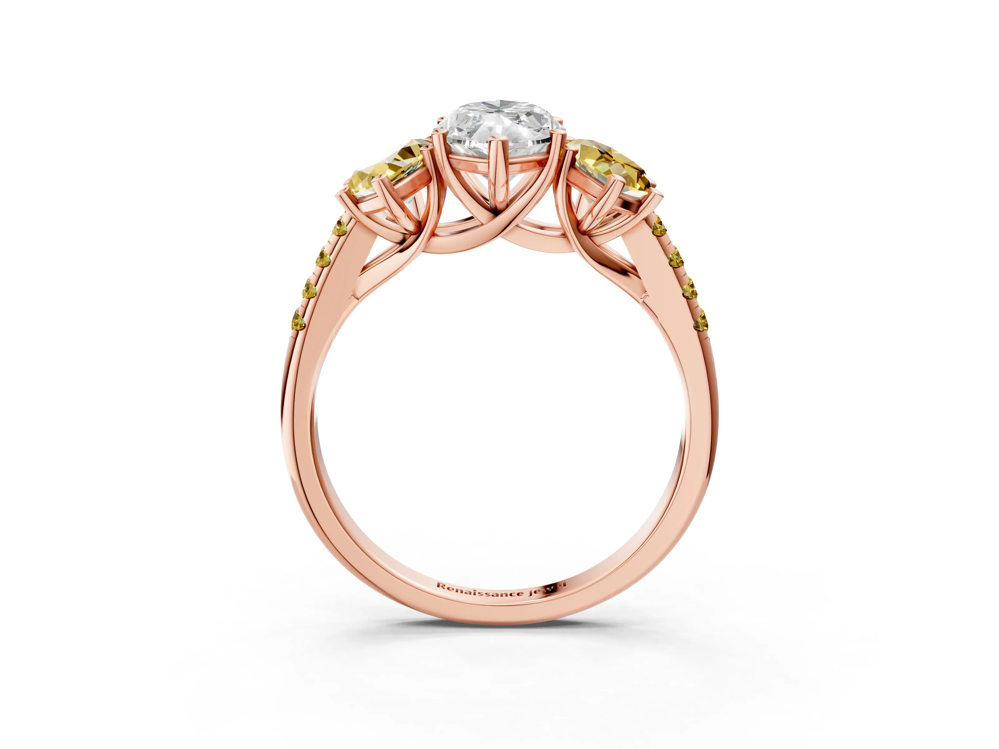 Rose gold Three-Stone Marquise Cut Diamond Ring with Round with Yellow Sapphire side stone Pavé Band and Prong Setting_3