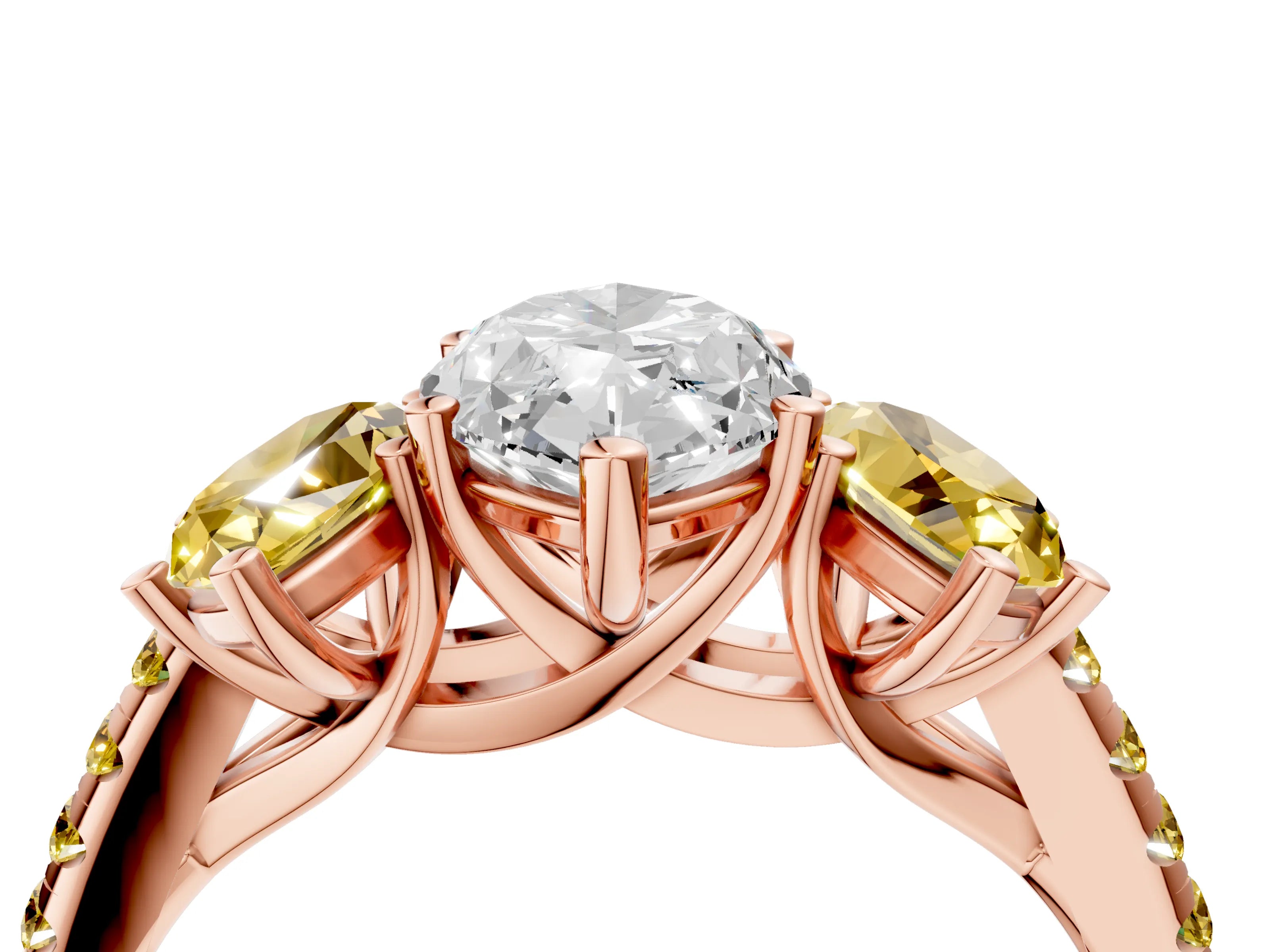 Rose gold Three-Stone Marquise Cut Diamond Ring with Round with Yellow Sapphire side stone Pavé Band and Prong Setting_4