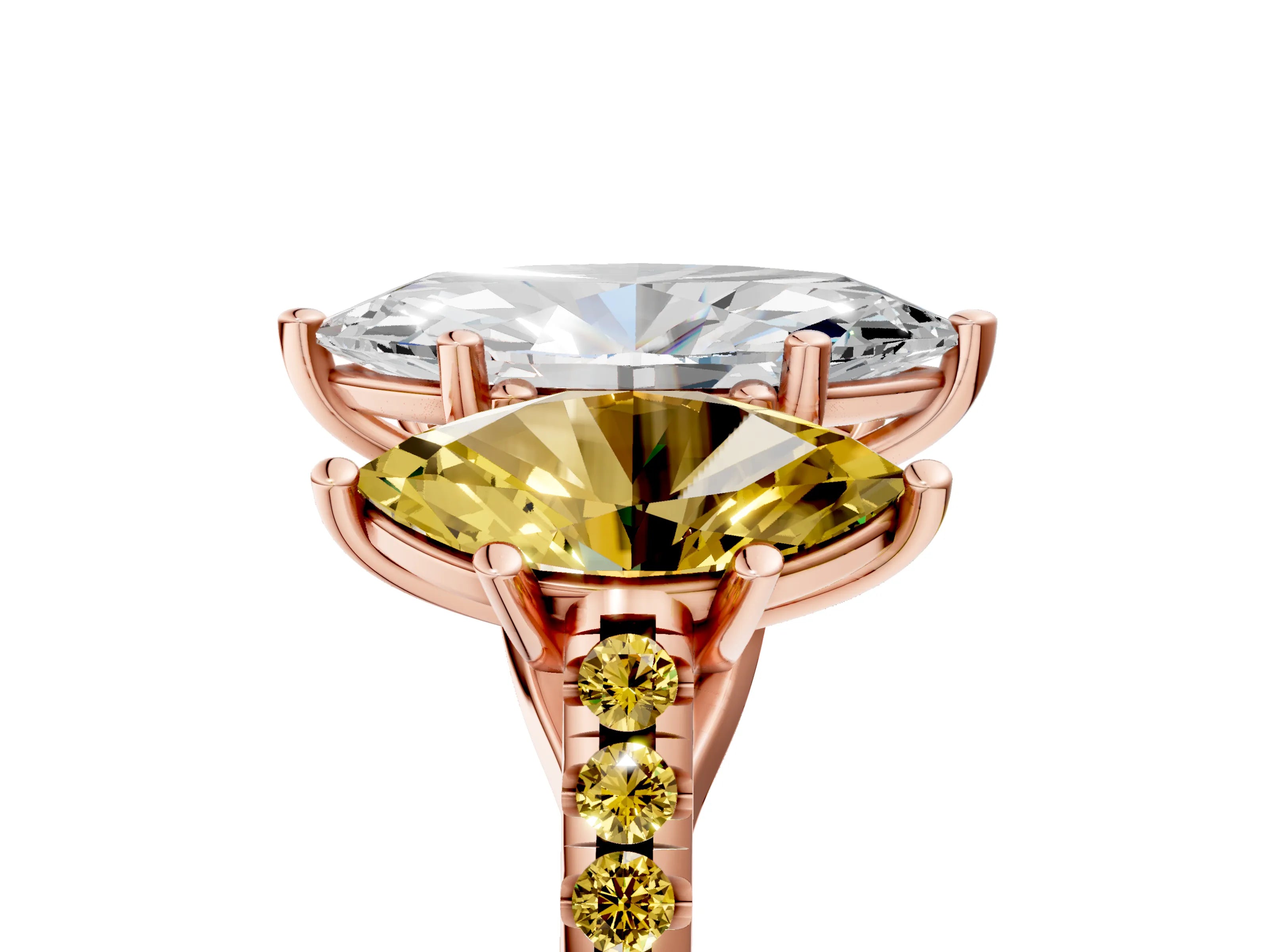 Rose gold Three-Stone Marquise Cut Diamond Ring with Round with Yellow Sapphire side stone Pavé Band and Prong Setting_5