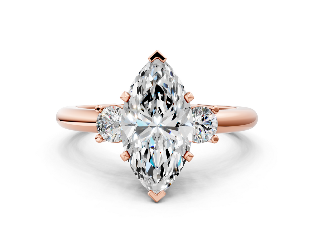 Rose gold Three-Stone Marquise Cut Diamond Solitaire with Prong Setting and Classic Band_56