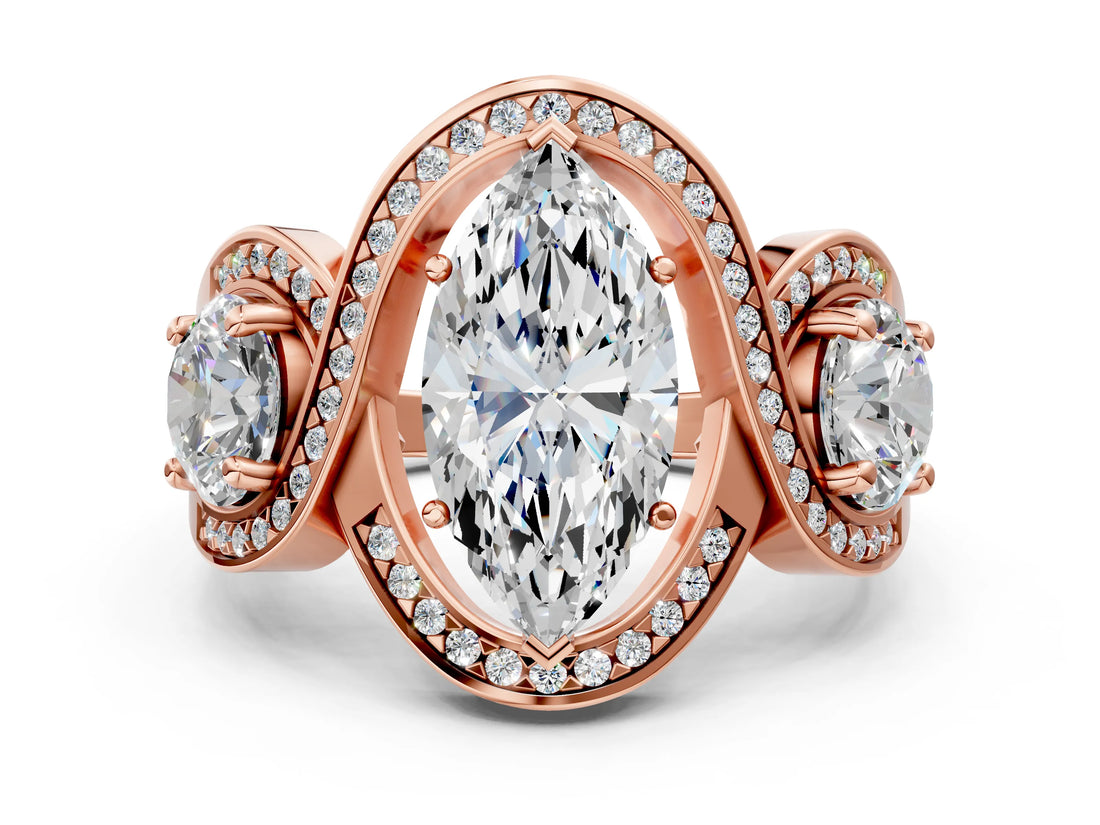 Rose gold Three-Stone Marquise Cut Diamond Wave Pave Band with Prong Setting_9