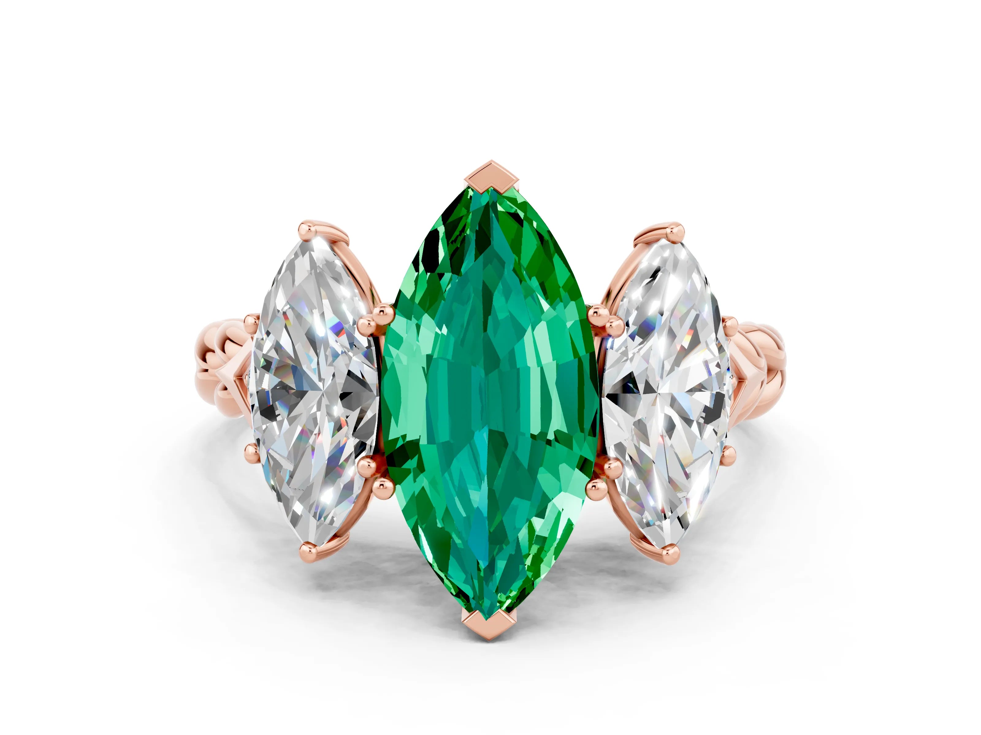 Rose gold Three-Stone Marquise Cut Emerald Braided Band Ring with Four-Prong Setting_12