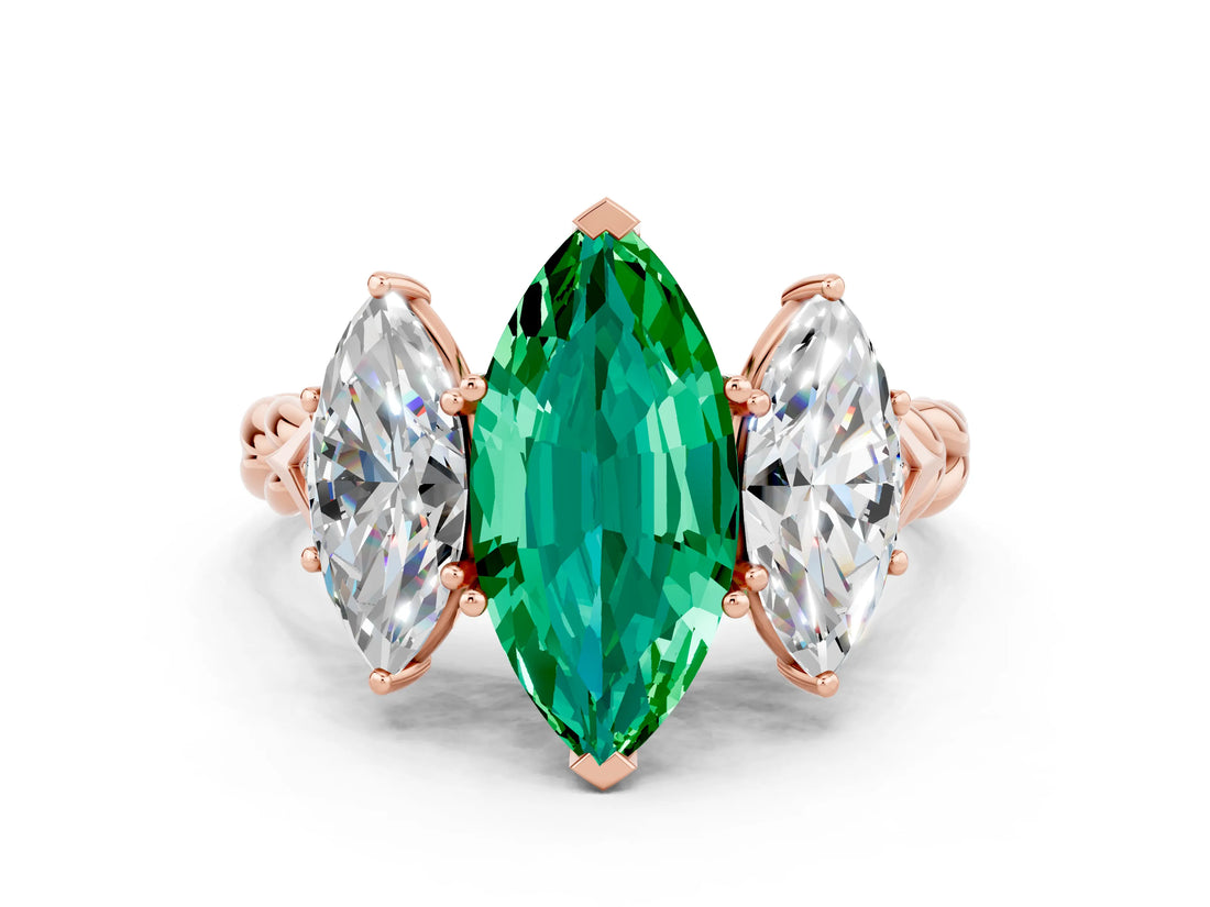 Rose gold Three-Stone Marquise Cut Emerald Braided Band Ring with Four-Prong Setting_12