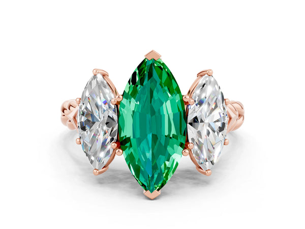 Rose gold Three-Stone Marquise Cut Emerald Braided Band Ring with Four-Prong Setting