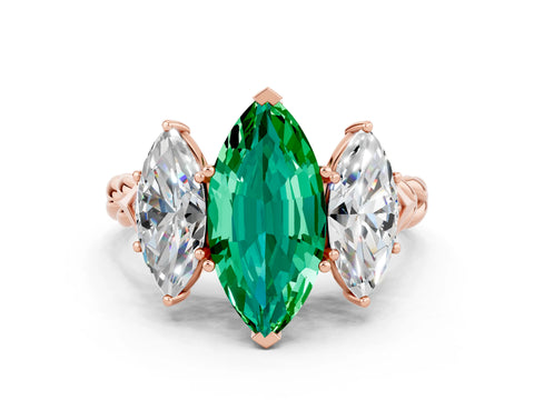 Rose gold Three-Stone Marquise Cut Emerald Braided Band Ring with Four-Prong Setting_12