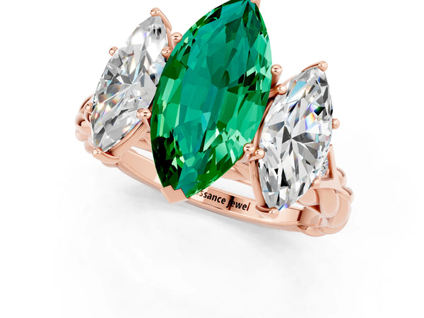 Rose gold Three-Stone Marquise Cut Emerald Braided Band Ring with Four-Prong Setting