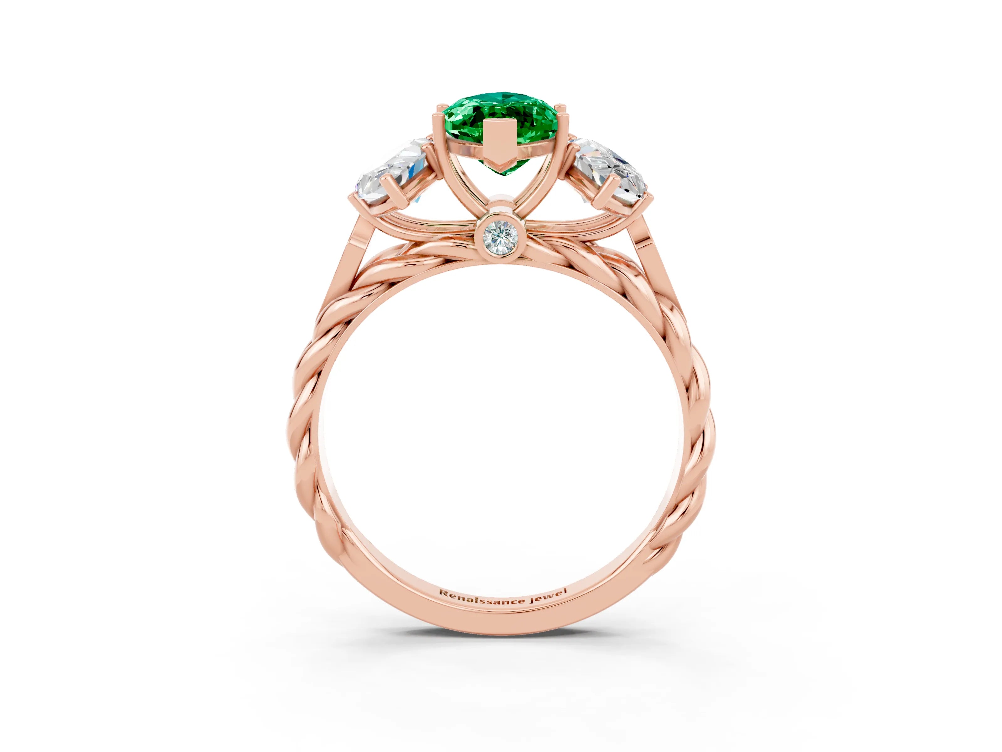 Rose gold Three-Stone Marquise Cut Emerald Braided Band Ring with Four-Prong Setting_15