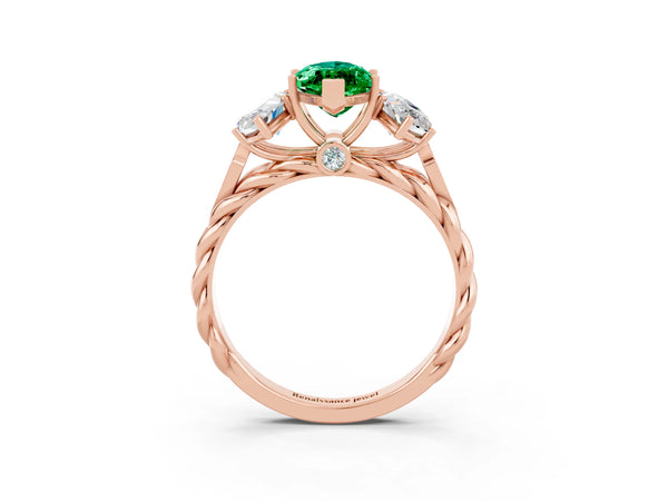 Rose gold Three-Stone Marquise Cut Emerald Braided Band Ring with Four-Prong Setting