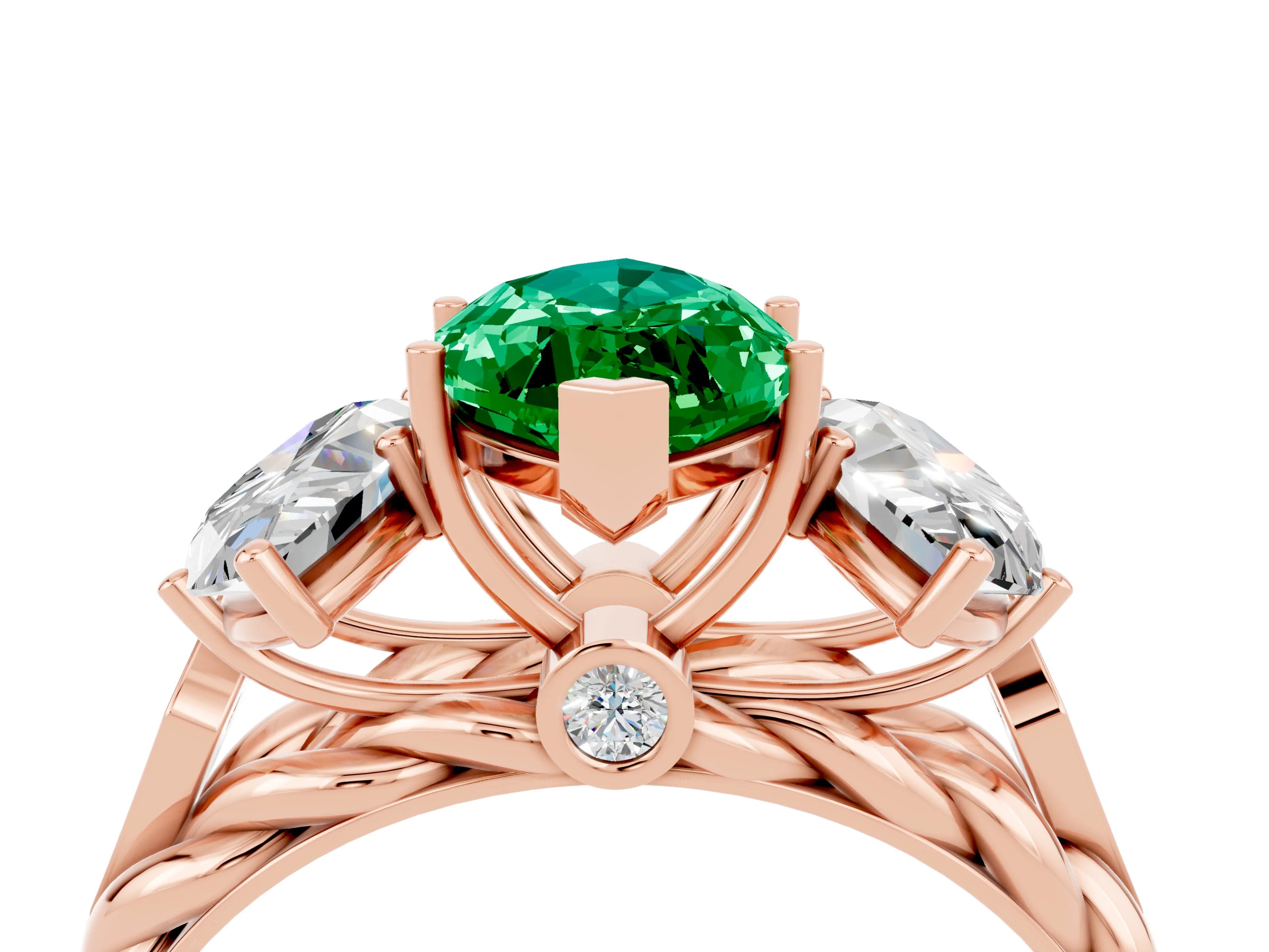 Rose gold Three-Stone Marquise Cut Emerald Braided Band Ring with Four-Prong Setting_16