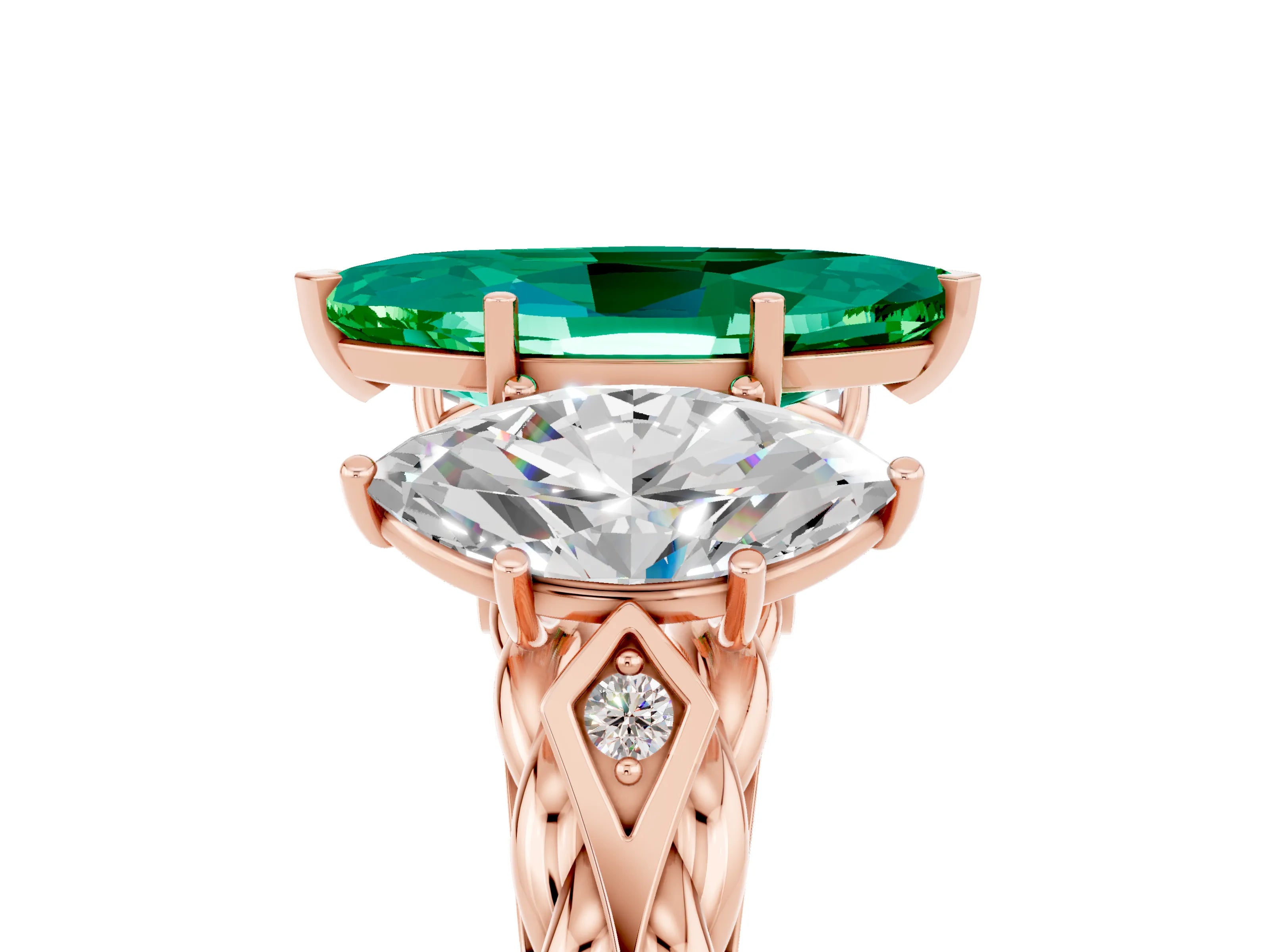 Rose gold Three-Stone Marquise Cut Emerald Braided Band Ring with Four-Prong Setting_17